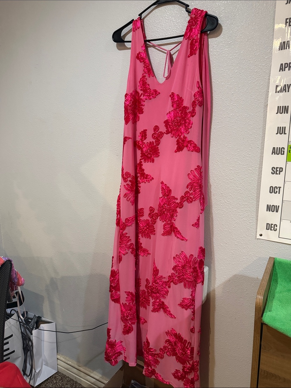 Pink Maxi Dress with Fuchsia Floral Appliqué